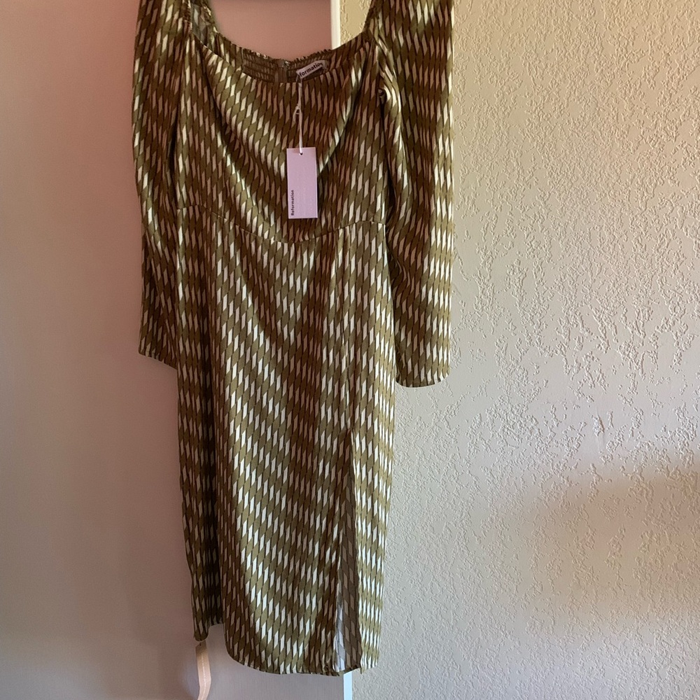 Reformation NWT Split Hem Square Neck Peyton Dress Green Ivory Linoleum 6 NEW